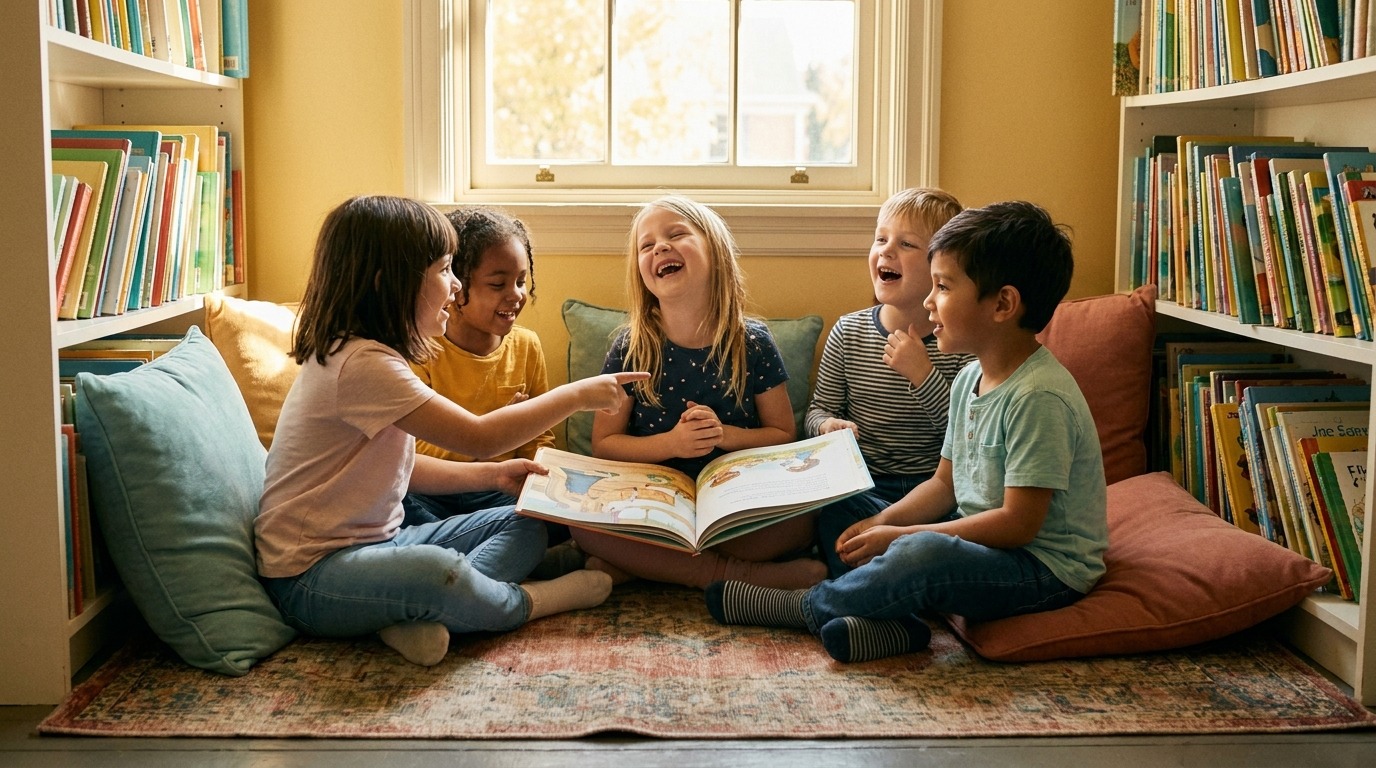 Diverse group of children reading together, showing how to embrace differences in children's literature.