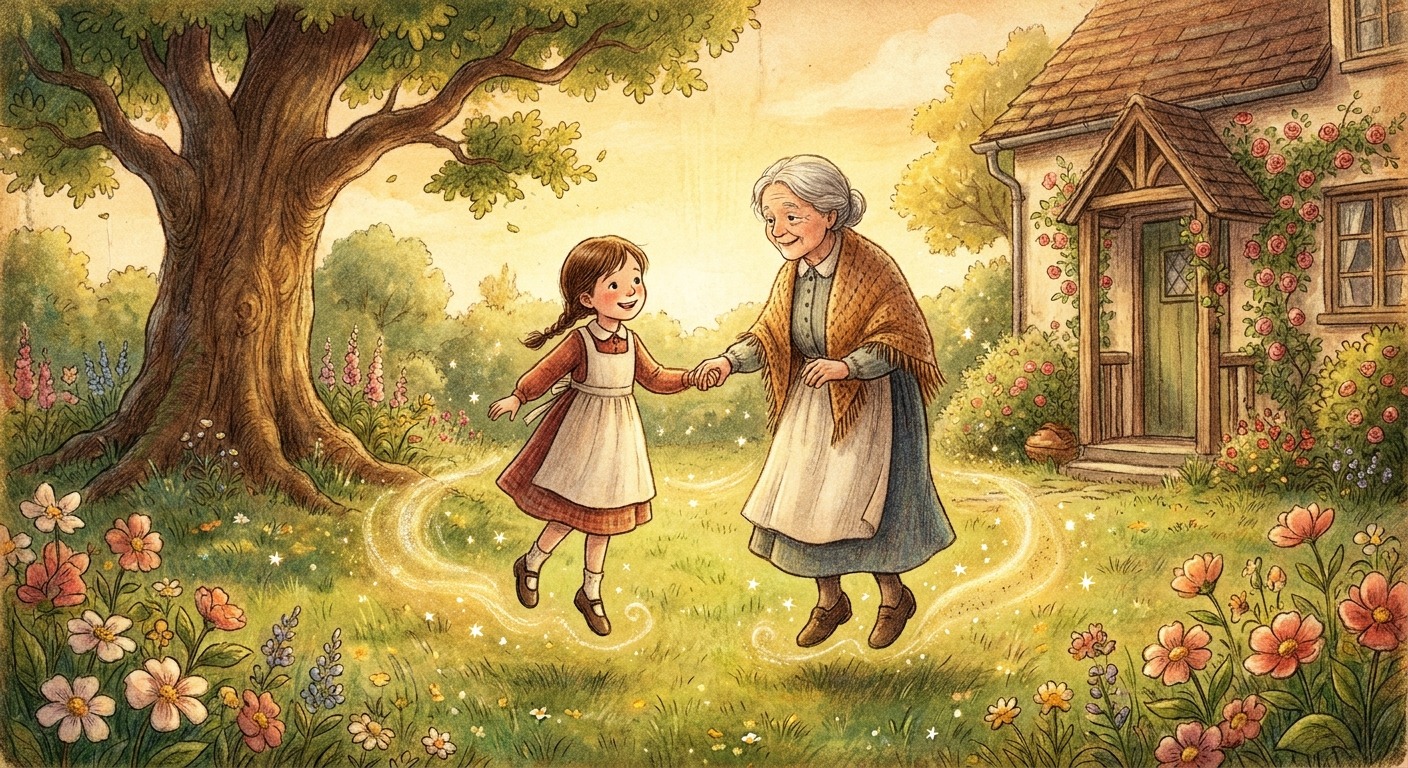A storybook illustration showing magical realism in Grandmother's Gift, featuring a young girl and her grandmother holding hands in a sunlit garden.