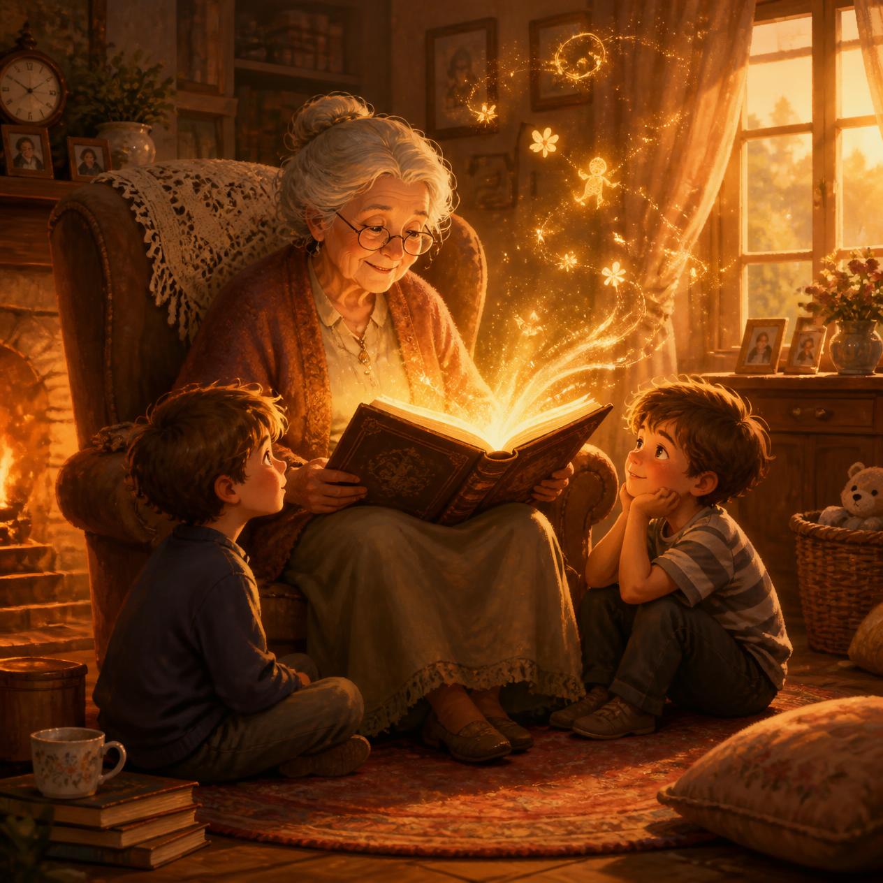 A warm storybook illustration showing memory and storytelling in children’s literature with a grandmother reading to her grandsons.