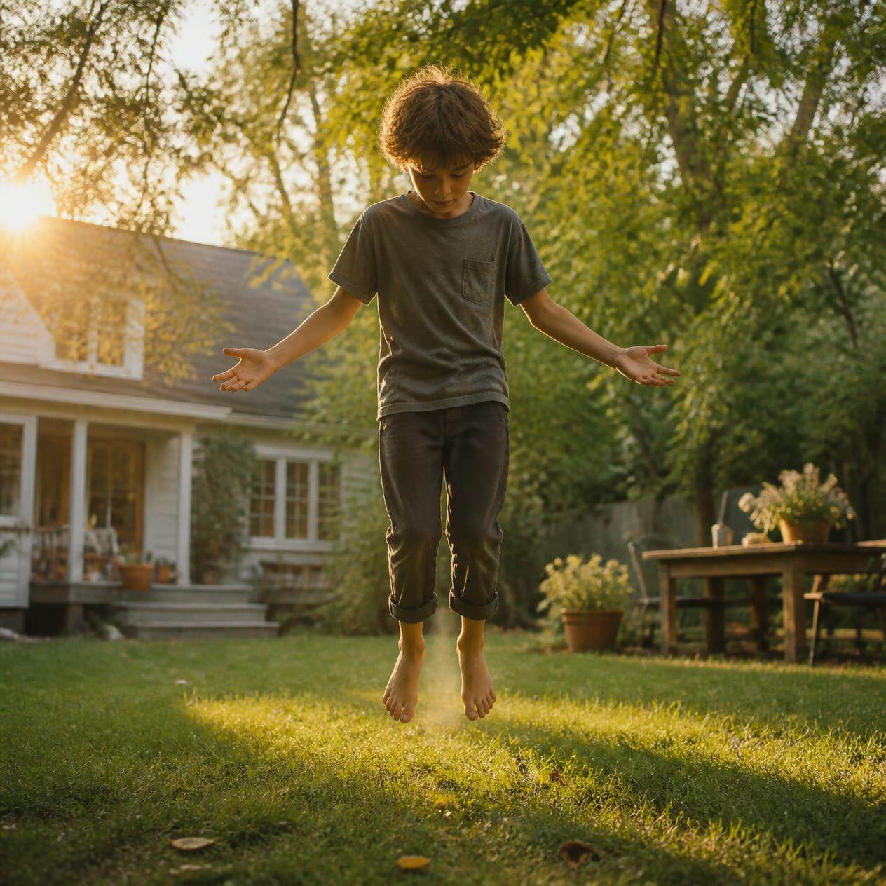 A realistic photo depicting the symbolism of flight in literature with a young boy floating above a sunlit backyard lawn.